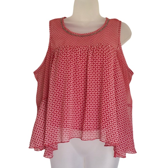 Lucky Brand Sheer Bell Sleeve Cold Shoulder Beaded Top Red White Size XS - Picture 2 of 8